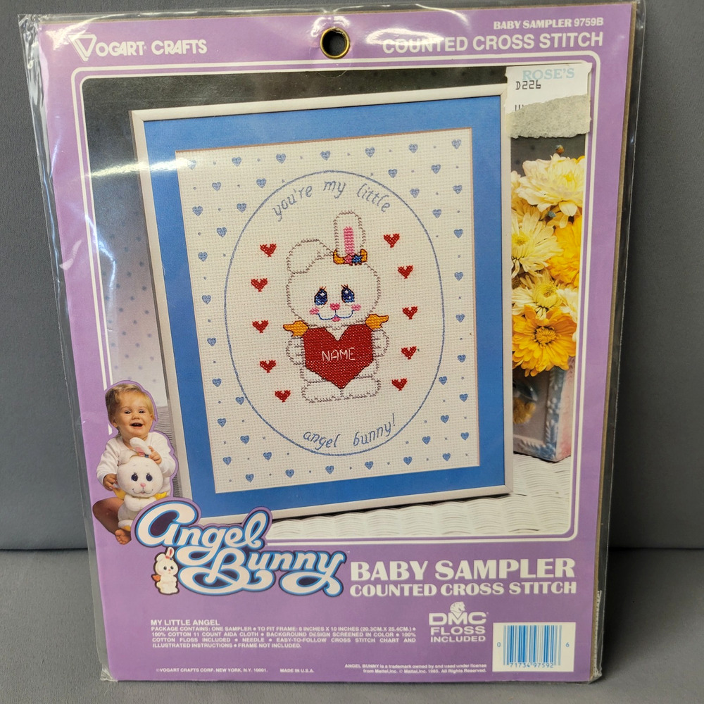 Vintage Sealed Vogart Crafts Angel Bunny Cross-stitch Kit Baby Sampler #9759B